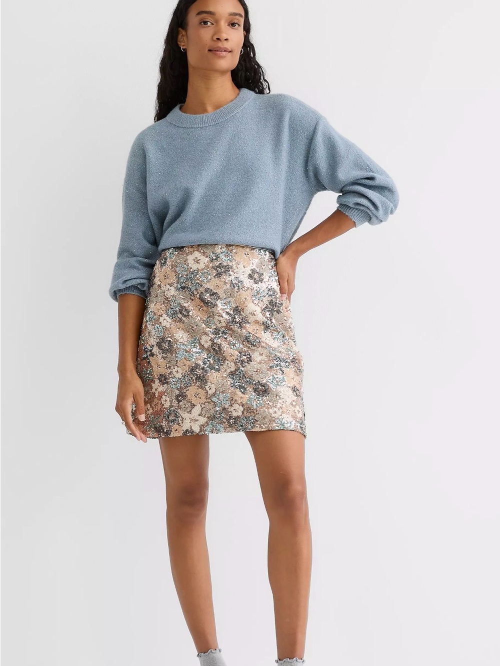 LOFT Sequin Floral Mini Skirt in Beige and Blue